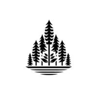 Minimalist Black White Forest Silhouetted Scene with Pine Trees Layered Horizon, EmblemLike Composition, Simple Nature Art. vector