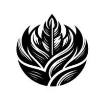 Stylized Black and White Feather with Curved Lines, Circular Composition, Minimalist and Modern Aesthetic. vector