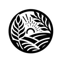 Stylized blackandwhite circular emblem depicting a sun rising over rolling fields, framed by wheat and leafy branches. vector
