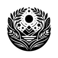 Black and White Circular Emblem Geometric Mountain Landscape with Botanical Elements and Celestial Accents. vector