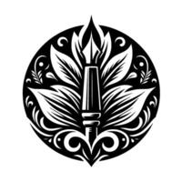 A stylized black and white featuring a fountain pen at the center of a floral mandala, enclosed within a circle, with ornate details. vector