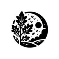 Circular monochrome illustration An oak tree silhouette within a stylized landscape featuring moon, birds, leaves, and clouds on a white background. vector