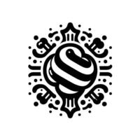 Black and White Swirl Ornament with Decorative Elements, Dots, and Symmetrical Composition on White Background. vector