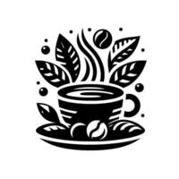 Stylized Black White Coffee Illustration Cup on Saucer with Coffee Beans, Leaves, Steam, and Dots, on White Background. vector