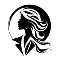 Elegant Silhouette of a Woman in Profile with Flowing Hair, Enclosed by a Circular Frame, in Black and White . vector