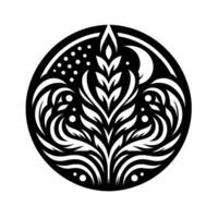 Elegant, circular black and white featuring a stylized plantlike motif with moon, stars, and abstract elements, resembling a celestial or botanical emblem. vector