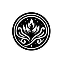 Monochromatic Floral Emblem with Flame, Set Within a Circular Frame, Adorned with Subtle Dots and Swirls, on a White Background. vector