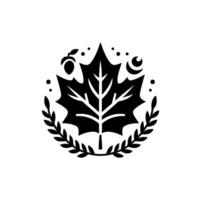 Minimalist Emblem Black Maple Leaf, Laurel Wreath, Acorn, Crescent Moon, and Dots on White Background, Geometric . vector