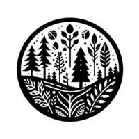 Minimalist Circular Nature Illustration A Black and White Forest Scene with Stylized Trees and Foliage Enclosed Within a Circle. vector