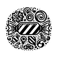 Stylized Black White Candy Composition A Circular Arrangement of Various Sweets Including Wrapped Candy, Swirls, Lollipops, and Decorative Elements. vector