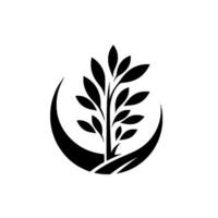 Minimalist Black and White Illustration of a Growing Tree Enclosed within a Curved Crescent Shape, Representing Growth and Nurture. vector