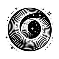 Stylized Black and White Celestial Composition A Swirling Galaxy with Crescent Moon and Starry Sky. vector