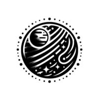 Intricate Black and White Celestial Depicting a Planet with Striped Atmosphere, Stars, and Dotted Border. vector