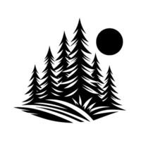 Silhouette of Pine Trees and Sun Over a Grassy Hill in Minimalist Monochrome Art vector