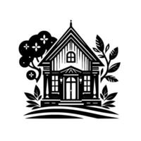 Black and white, illustrative of a charming, detailed house surrounded by stylized trees and foliage, evoking a sense of nature, serenity, and home. vector