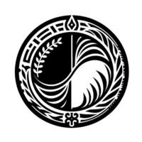 A stylized black and white yinyang inspired emblem featuring leaf and geometric patterns within a circular frame, evoking balance and harmony. vector