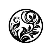 Intricate black and white circular floral , featuring stylized leaves and swirling vines, set against a minimalist white backdrop, evoking a sense of elegance. vector