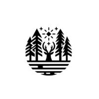 Minimalist black and white emblem of a stag amidst evergreen trees under a stylized sun, set within a circular frame. vector