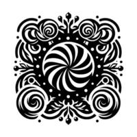 Ornate Black and White Square Composition Swirling Center, Floral Scrollwork Border on White Background, Geometric vector