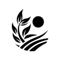 Minimalist Black and White Emblem Growing Plant with Leaves, Sun, and Fields, Symbolic of Nature, Agriculture, and Harmony. vector