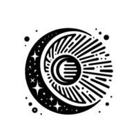 Celestial Black and White Illustration A Crescent Moon with Stars Encasing a Sunburst Sun, Creating a Modern, Spiritual Symbol. vector