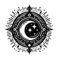 Intricate Black and White Celestial Mandala with Crescent Moon, Stars, and Ornate Geometric Designs within a Circular Frame. vector