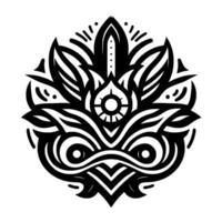 Symmetrical Black and White Floral Mandala with Concentric Layers, Symbolic Eye Detail, Geometric Pattern on White Background. vector