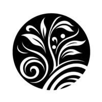 Elegant Black and White Floral Within a Circle, Depicting Leaves, Vines, and Swirls with Geometric Harmony. vector