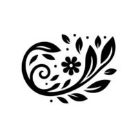 Elegant, black and white floral featuring a stylized flower, leaves, and swirling vines on a plain background. vector