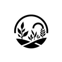 Minimalist black and white circular showcasing a stylized farm scene, featuring various plants within a landscape, implying growth and natures cycle. vector