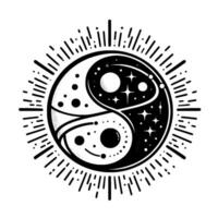 Cosmic Yin Yang Symbol with Starry Details and Radiant Lines, Black White Minimalist . vector