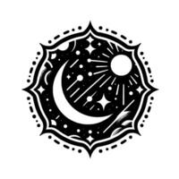 Celestial Mandala Intricate black and white illustration featuring crescent moon, stars, sunburst within a patterned, circular frame, evokes peace. vector
