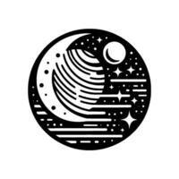 Intricate Black and White Celestial Illustration Crescent Moon, Striped Planet, Stars, and Sun in Circular Composition on White Backdrop. vector