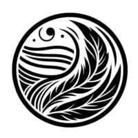 Black and White Circular Illustration Wave, Leaf, Celestial Elements Inside a Circle, Minimalist . vector