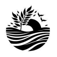 Black and white minimalist nature scene tree with leaves, arched structure, stylized water, and flying birds in a round composition. vector