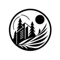 Monochromatic Circular Emblem Stylized Mountain Scene with Pine Trees, Sun, and Abstract Terrain. vector