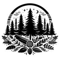 Stylized Black White Forest Scene Pine Trees, Log, Foliage, Night Sky with Moon Stars, Circular Composition vector