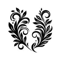 Symmetrical Floral Two Decorative Black and White Swirls with Leaves and Curls. vector