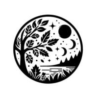 Black and white circular nature scene tree, lake, mountains, and celestial elements moon, stars, minimalist . vector
