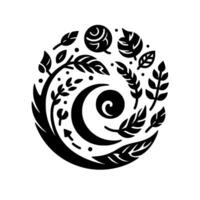 A circular minimalist featuring stylized leaves, a crescent, and a spiral, all in black, evoking natures cycle. vector