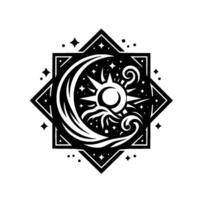 Intricate Black and White Celestial Sun, Moon, Stars, and Swirls Within a Square Diamond Frame. vector