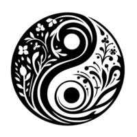Floral Yin Yang Symbol Artistic representation of balance, harmony, and interconnectedness, featuring stylized flowers and foliage in black and white. vector