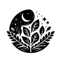 Circular black and white nature illustration with crescent moon, stars, leaves, and branches, creating a stylized nocturnal scene. vector