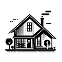 Stylized Black and White Illustration of a Charming House with Trees and a Smoking Chimney, Ideal for or vector