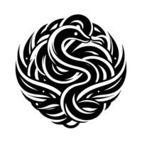 Circular Black and White Illustration of a Stylized Serpent with Curved Body, Encircled by WingLike Forms, Minimalist and Symbolic, on White. vector