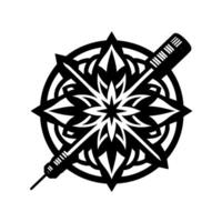 Black and white illustration featuring a symmetrical floral mandala with a cross pattern, and darts. vector