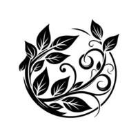 Intricate Black and White Floral Crest Featuring Lush Leaves, Curlicues, and Delicate Vines Encircled in a Symbolic Circular Arrangement. vector