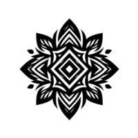Symmetric black and white mandala , featuring a central geometric diamond surrounded by leaflike patterns, creating a radial, decorative motif. vector