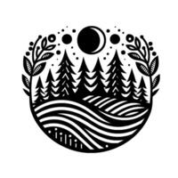 Black and white circular illustration of a tranquil forest scene under a crescent moon, surrounded by stylized foliage and a minimalist landscape. vector