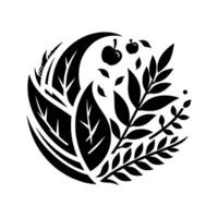 A minimalist black and white circular botanical illustration featuring leaves, apples, and other organic shapes. vector